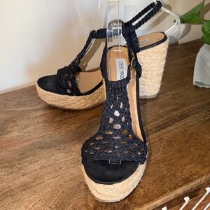 Steve Madden Manngo Black Crochet Espadrille Wedge Sandal Womens 8 Platform Chic